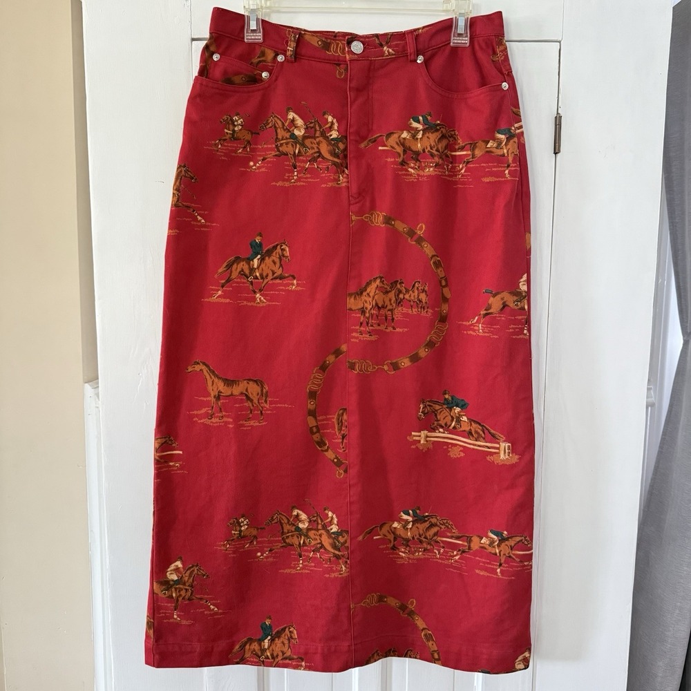 Vintage Ralph Lauren Skirt Horse Print Red Denim Long Women's Size 12 80s 90s